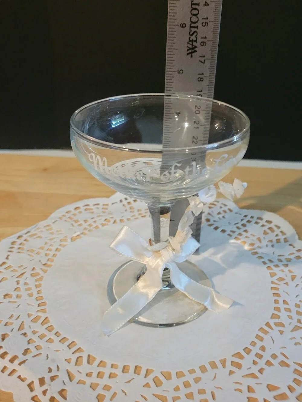 Mother of the Groom Engraved Champagne Coupe - Clear Glass with White Ribbon